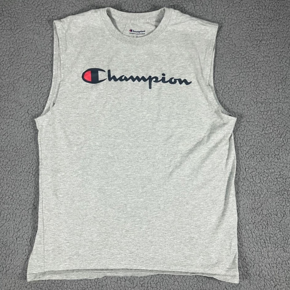 Champion Mens Gray Script Logo Sleeveless Muscle Tee Shirt Large